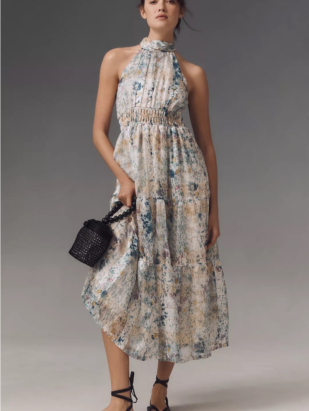 Anthropologie Halter Neck Maxi Dress – Elegant Print, Fun Pattern, Metallic